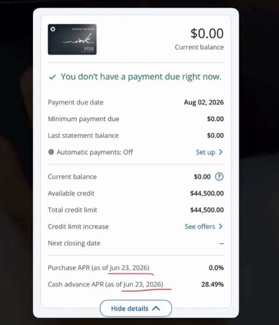 Business credit line of forty-four thousand five hundred dollars