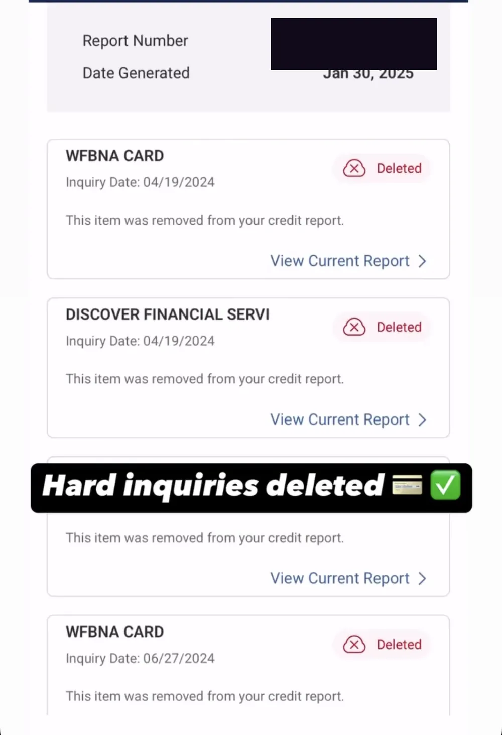 Hard inquiries deleted from credit report